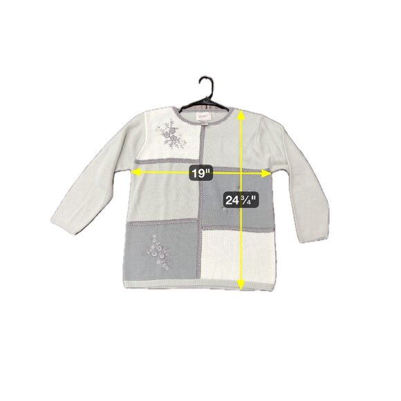 Vintage Jenny Patchwork Knit Sweater Floral Embroidery Gray White Size M - Picture 6 of 9